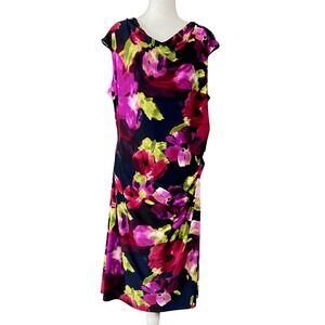 James Perse Dress Womens Large Multicolor‎ Floral Cowl Neck Ruched Stretch Midi